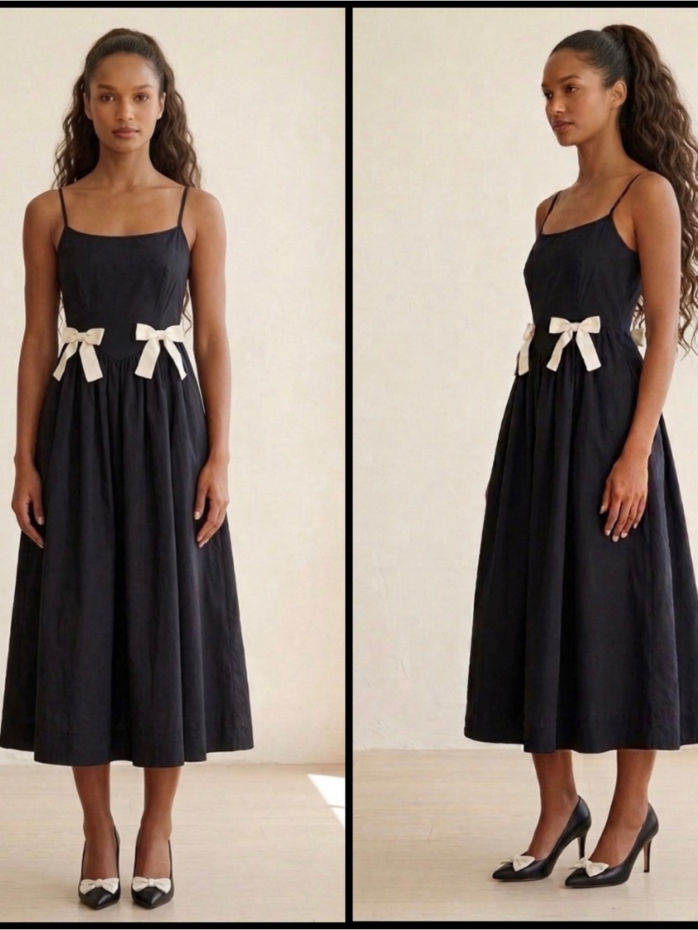 Moon River Feminine Black Bow Fitted Bodice Coquette Romantic Midi Dress S